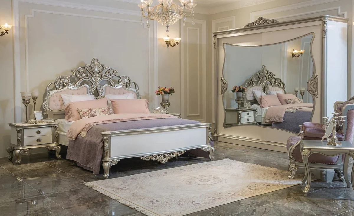 Luxury baroque double bed pink / white / silver 200 x 228 x H. 175 cm - Elegant solid wood bed with headboard - Magnificent bedroom furniture in the baroque style