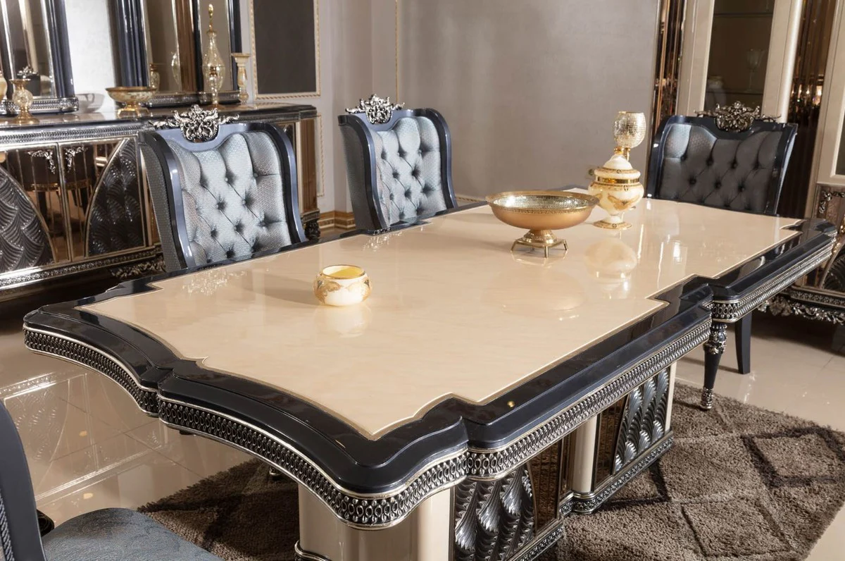 Luxury Baroque Dining Room Set Beige / Light Blue / Black / Gold - 1 Baroque Dining Table & 6 Baroque Dining Room Chairs - Luxury Dining Room Furniture in Baroque Style - Baroque Furniture - Noble & Magnificent
