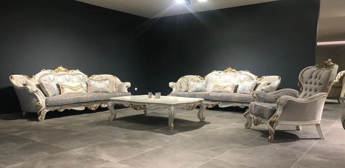 Luxury Baroque Living Room Set Gray / Turquoise / White / Gold - 2 Baroque Sofas with Pattern & 2 Baroque Armchairs with Pattern & 1 Baroque Coffee Table - Baroque Living Room Furniture