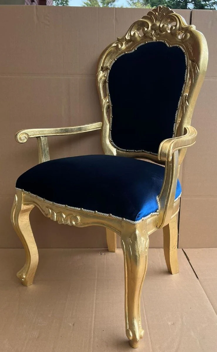 Luxury baroque dining room chair royal blue / gold - handmade baroque style chair with armrests and elegant velvet fabric - dining room furniture in baroque style