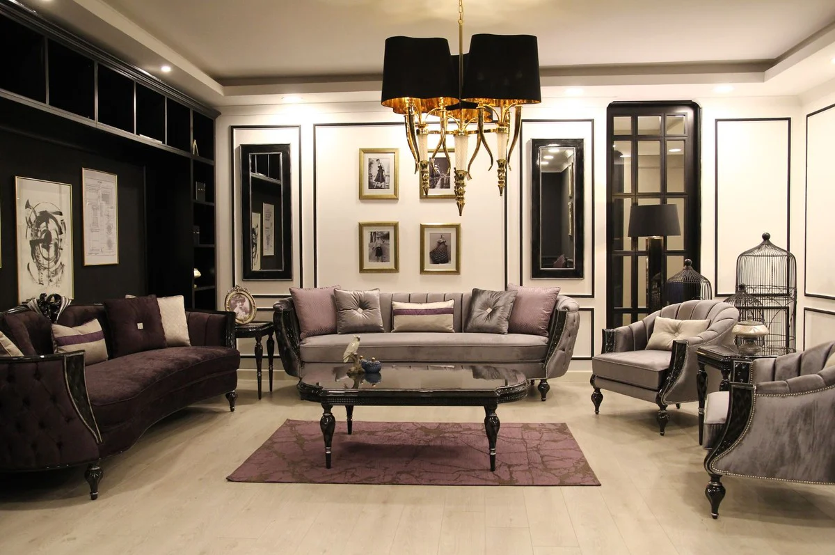 Luxury baroque sofa gray / black / silver 265 x 90 x H. 85 cm - living room sofa with elegant velvet fabric - baroque furniture