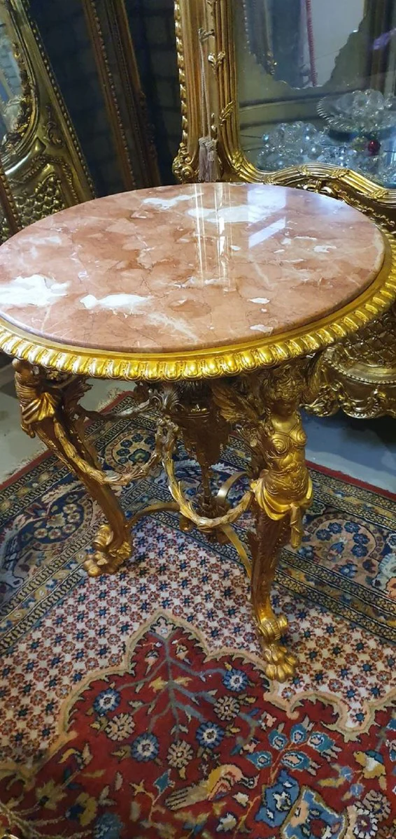 Luxury baroque side table gold / beige / brown - magnificent round bronze table with marble top - luxury furniture in baroque style - baroque style living room furniture - baroque furniture