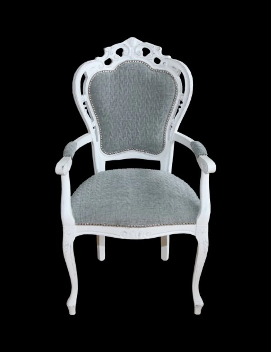 Baroque dining room chair with armrests grey-blue / antique white - designer chair - luxury quality