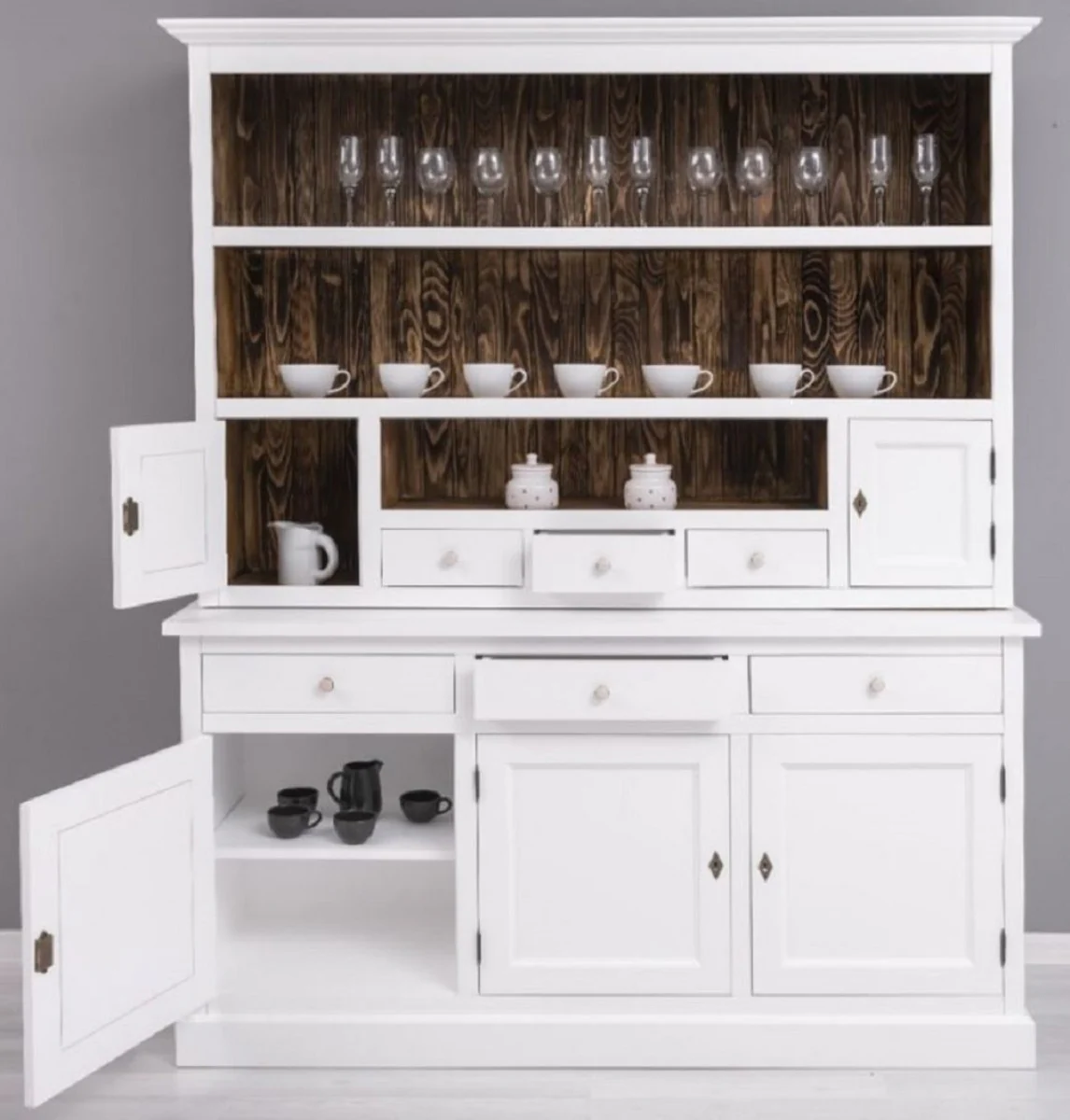 Country house style dining room cabinet white / dark brown 179 x 50 x H. 210 cm - solid wood kitchen cabinet - dining room furniture in country house style - country house style dining room furnishings