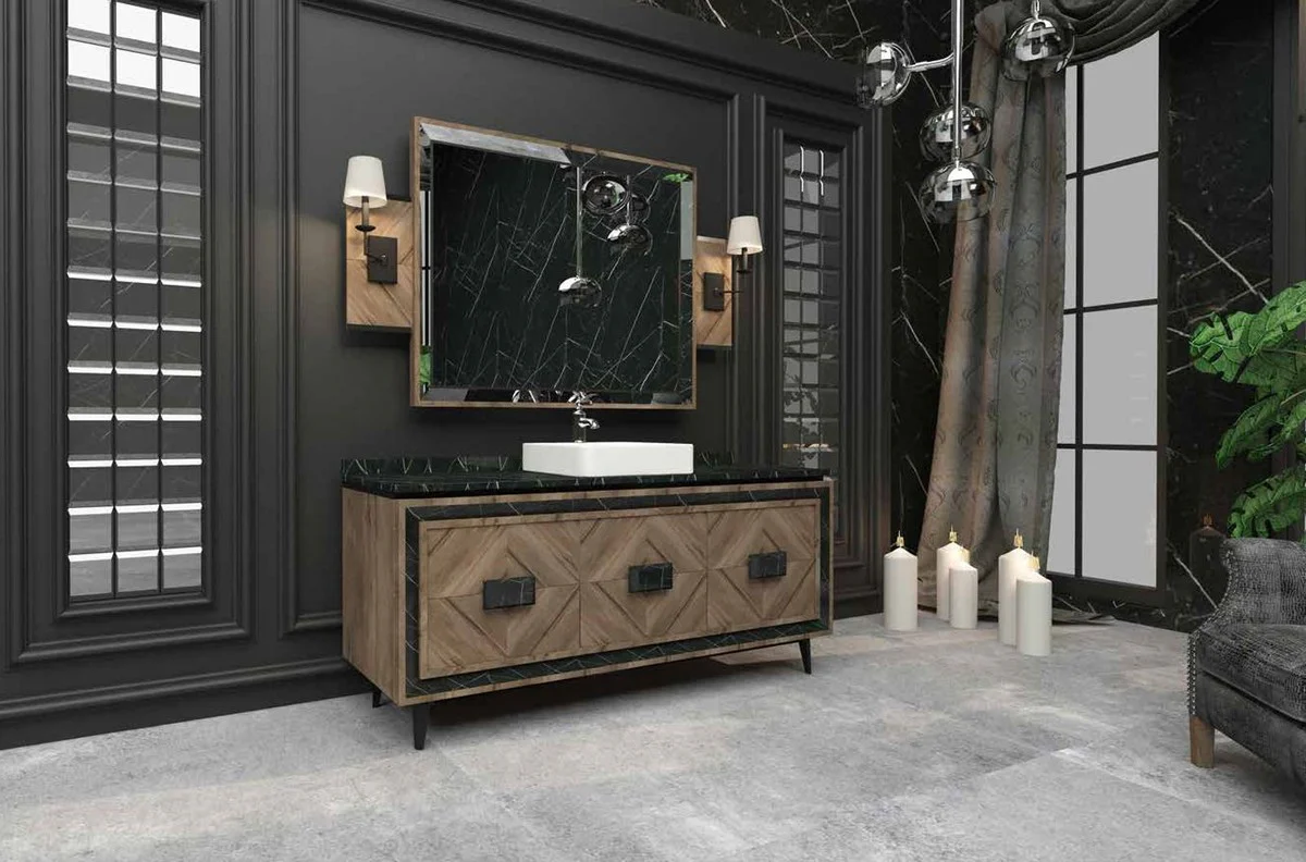 Luxury bathroom set brown / black / white - 1 vanity unit with 3 doors and 1 sink and 1 wall mirror - luxury bathroom furniture