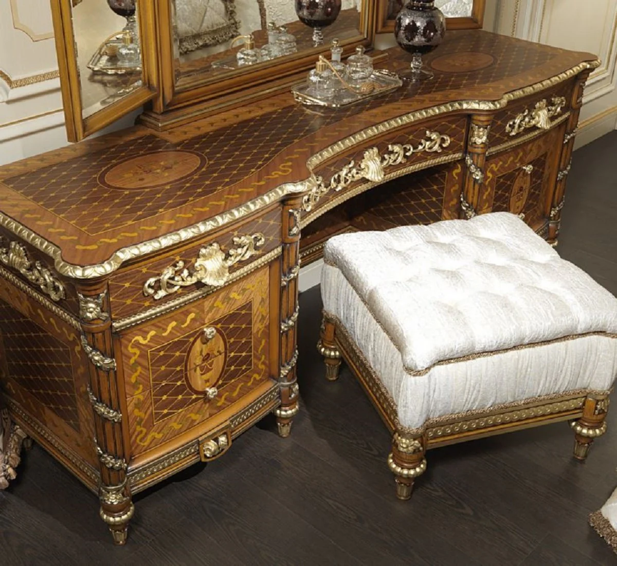 Luxury Baroque chest of drawers with mirror brown / gold - Magnificent handmade dressing table with wall mirror - Hotel furniture - Castle furniture - Luxury quality - Made in Italy