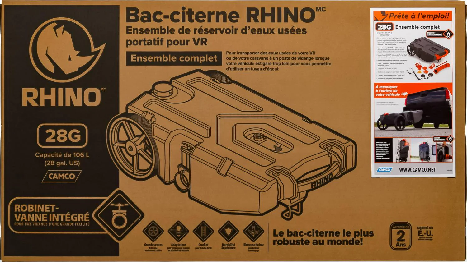 Camco Rhino Heavy Duty 28 Gallon Portable RV Waste Holding Tank with Hose and Accessories Durable Leak Free and Odorless RV Tote Tank (39004)