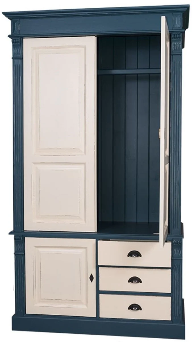 Country house style wardrobe antique blue / antique cream 120 x 59 x H. 210 cm - solid wood bedroom cabinet with 3 doors and 3 drawers - country house style bedroom furniture