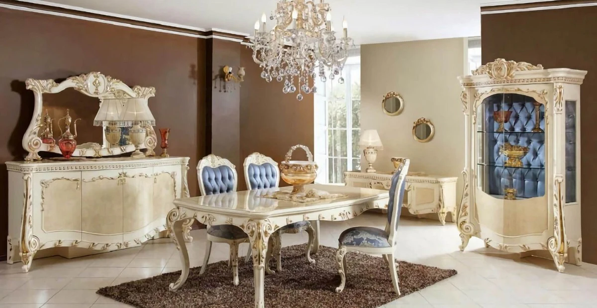 Luxury baroque display cabinet beige / white / gold / blue - magnificent solid wood display cabinet with 2 glass doors - handmade baroque furniture - noble and magnificent