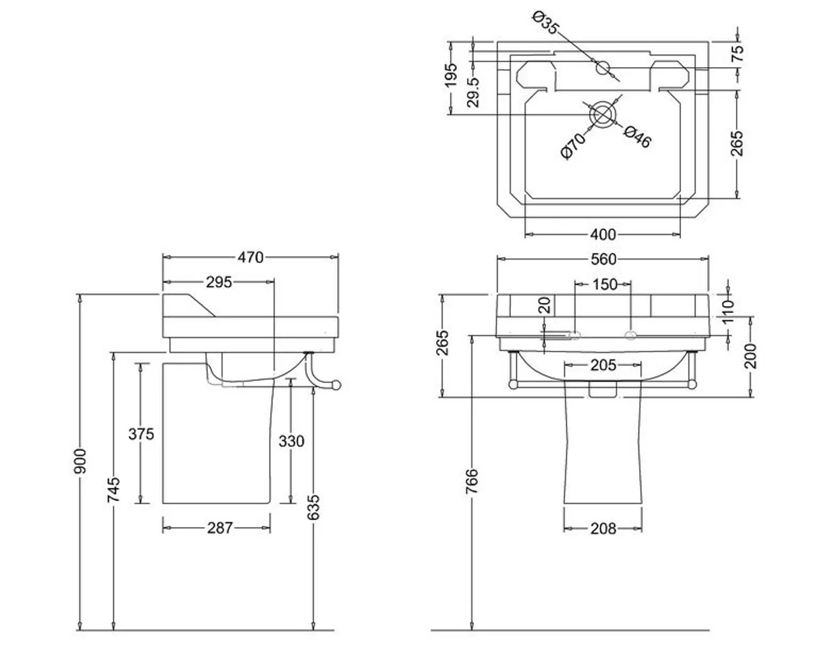 Porcelain washbasin with half base 56 x 47 x H. 56 cm
