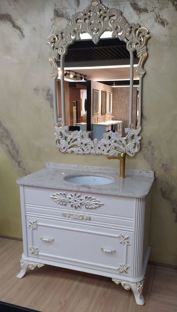Baroque bathroom set white / gold - 1 washbasin with marble top and ceramic washbasin & 1 wall mirror - Magnificent bathroom furniture in the baroque style