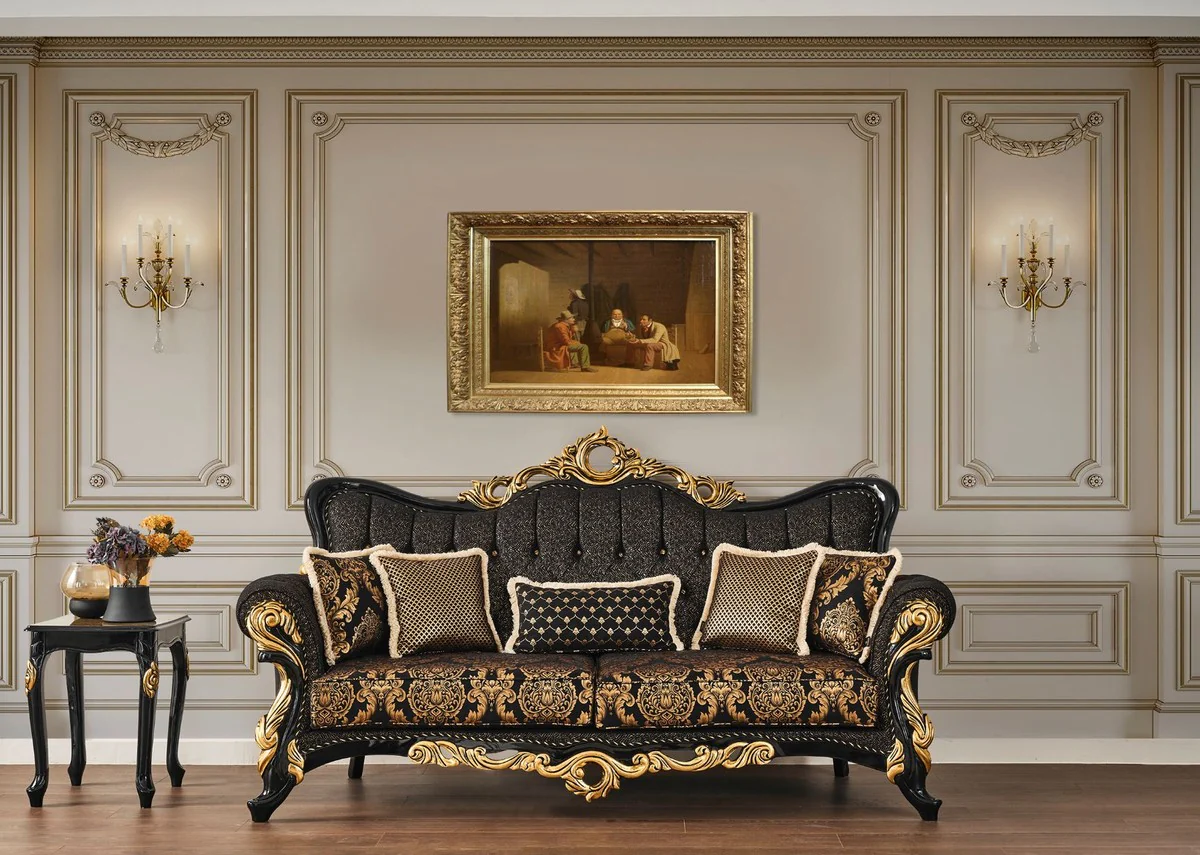 Luxury baroque sofa black / gold 230 x 80 x H. 126 cm - Magnificent living room sofa with elegant pattern and decorative pillows - Baroque living room furniture