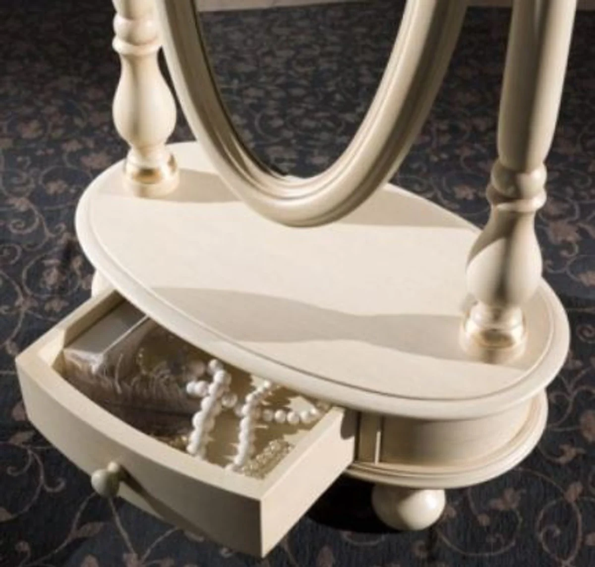 Luxury Baroque standing mirror ivory / gold 62 x 37 x H. 169 cm - Oval bedroom mirror with drawer - Luxury quality - Made in Italy