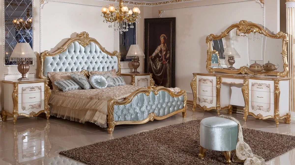 Luxury Baroque Bedroom Set White / Brown / Gold / Turquoise - 1 Baroque Dressing Table & 1 Baroque Mirror & 1 Baroque Stool - Baroque Bedroom Furniture - Noble & Magnificent