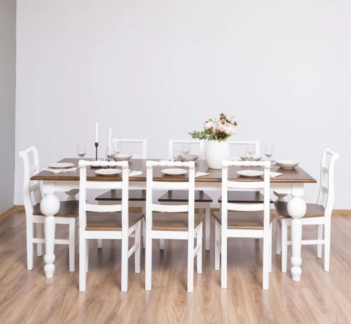 Country Style Dining Room Furniture Set Brown / White - 1 Dining Table & 8 Dining Room Chairs - Solid Wood Dining Room Furniture - Country Style Furniture