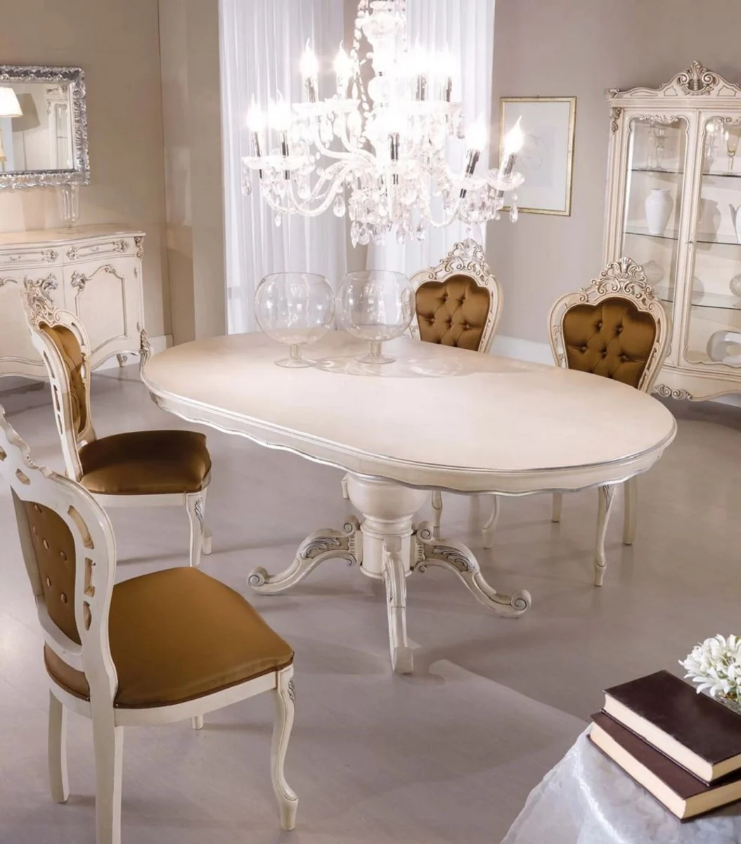 Luxury Baroque Dining Table Cream / Silver - Oval Extendable Solid Wood Dining Room Table in Baroque Style - Baroque Dining Room Furniture - Luxury Quality - Made in Italy
