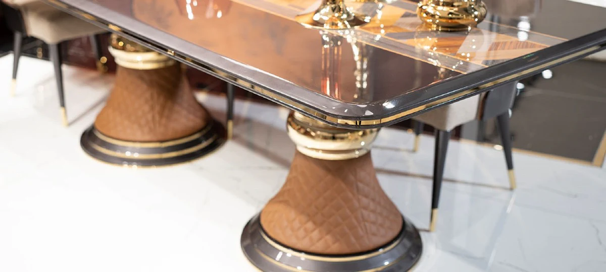 Luxury Art Deco Dining Table Gray / Multicolor / Brown / Gold - Luxury Art Deco Solid Wood Kitchen Table - Luxury Art Deco Dining Room Furniture