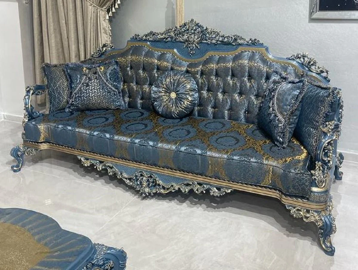 Luxury Baroque Living Room Set Blue / Gold - 2 Baroque Sofas & 2 Baroque Armchairs & 1 Baroque Coffee Table - Luxury Living Room Furniture in Baroque Style - Baroque Furniture - Noble & Ornate