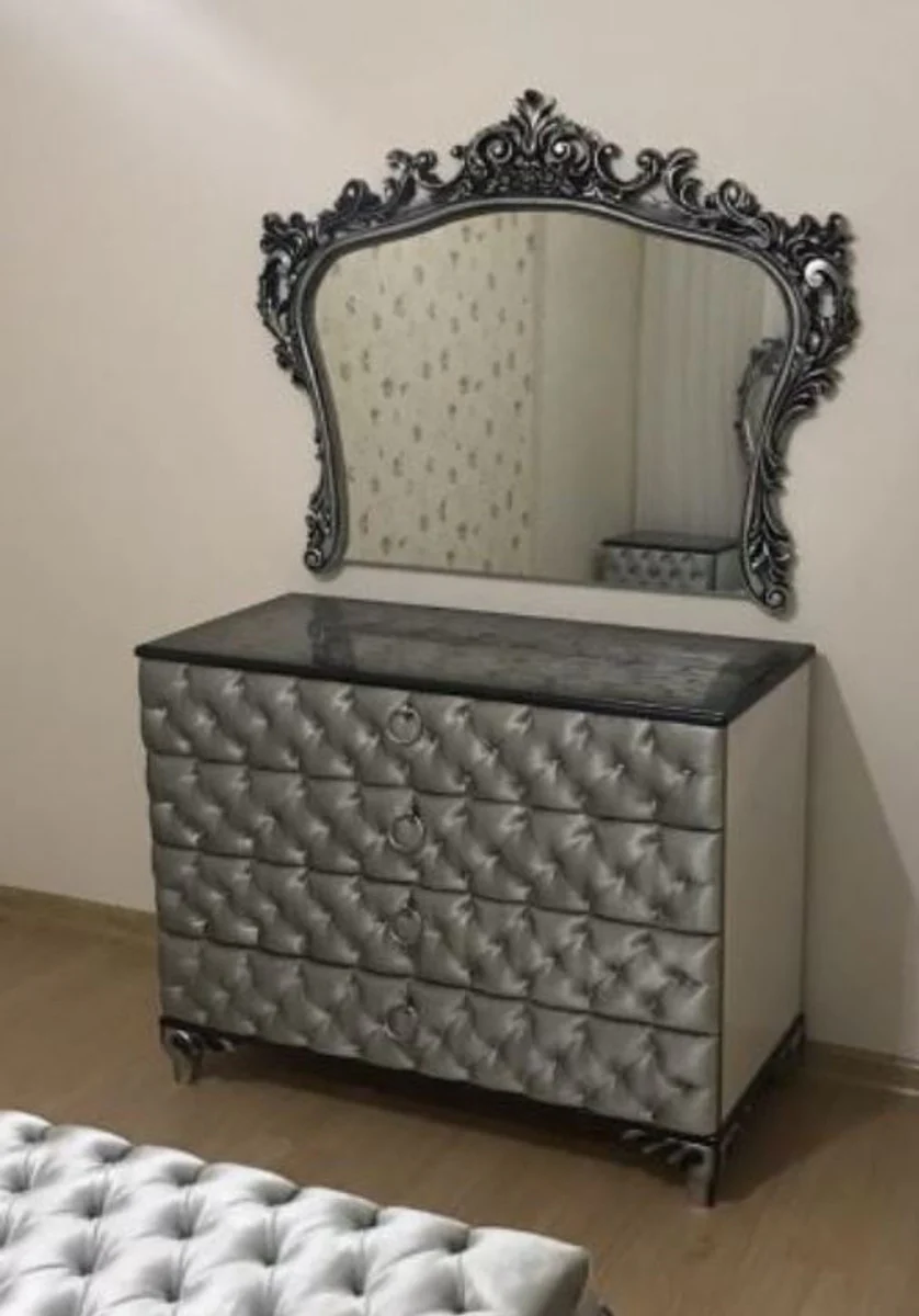 Baroque chest of drawers silver 100 x 45 x H. 90 cm - Solid wood bedroom chest of drawers with 4 drawers - Baroque bedroom furniture