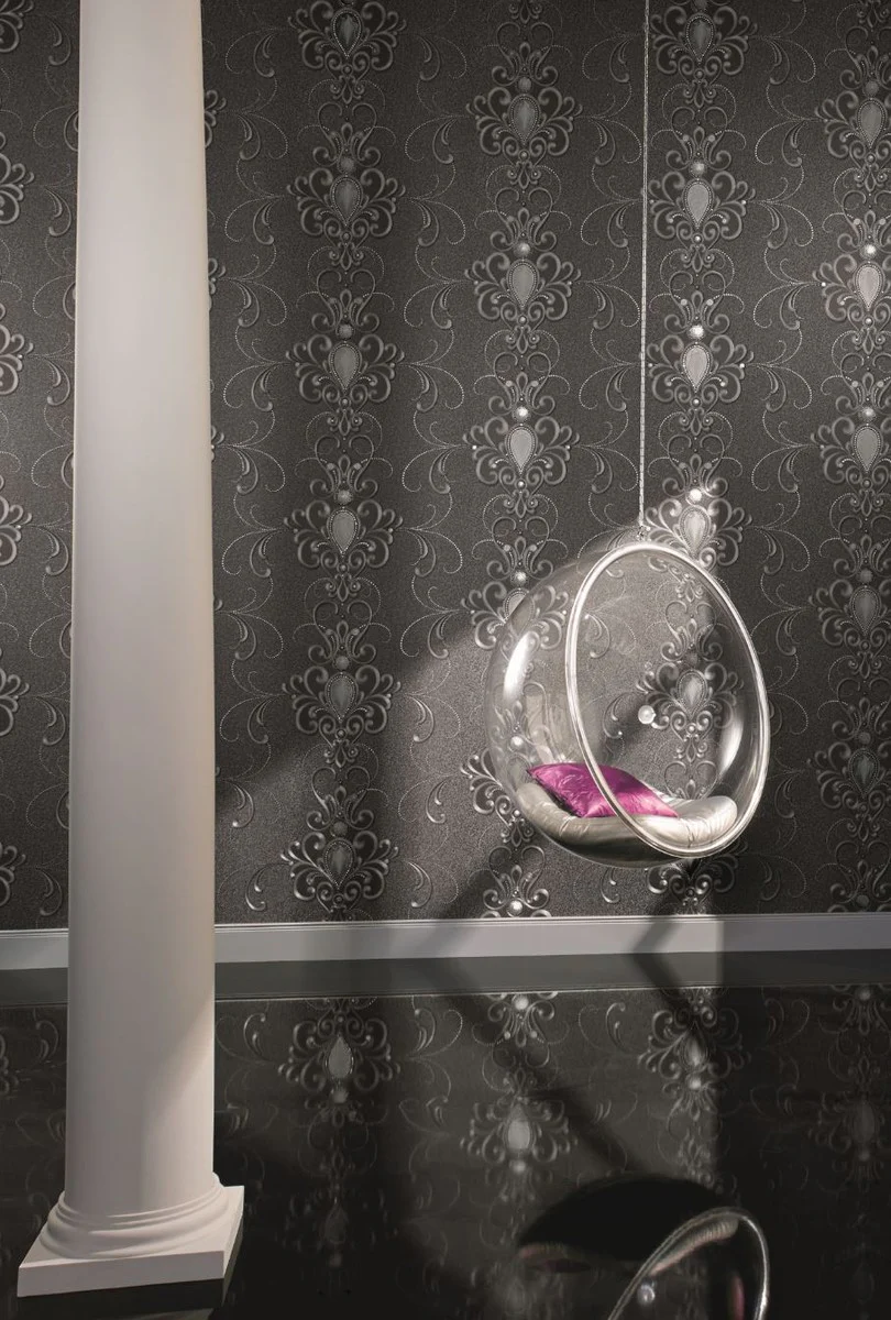 Harald Glööckler designer baroque non-woven wallpaper 58560 - ornaments with rhinestones - gray / anthracite
