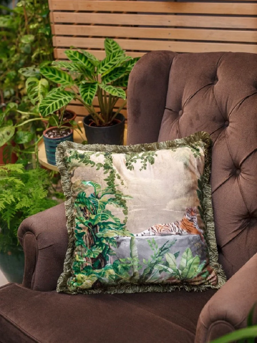 Luxury decorative cushion jungle & tiger multicolored / green 45 x 45 cm - printed velvet cushion with fringes - elegant decorative cushion - luxury collection