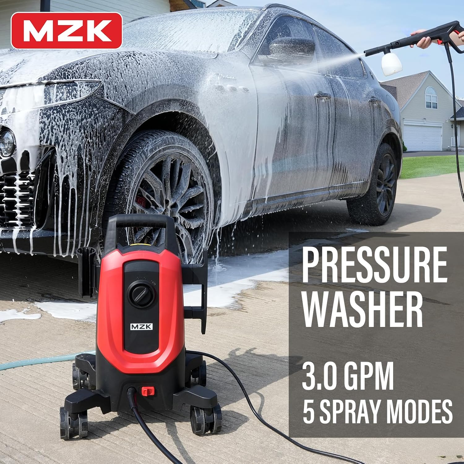 MZK electric high-pressure cleaner with 360° quick-connect nozzle and replaceable foam cannon