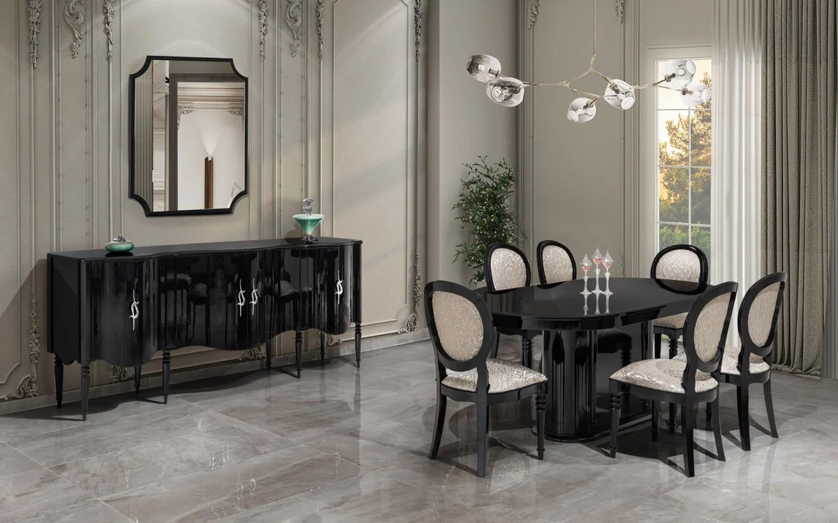 Luxury Baroque Dining Room Set Silver / Black - 1 Dining Table & 6 Dining Chairs