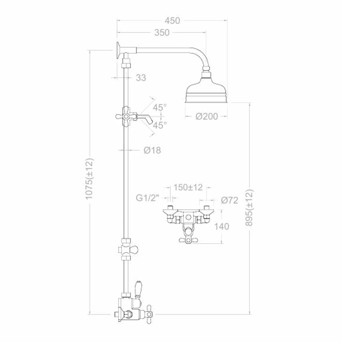 Art Nouveau shower set with overhead shower and hand shower H. 107.5 cm