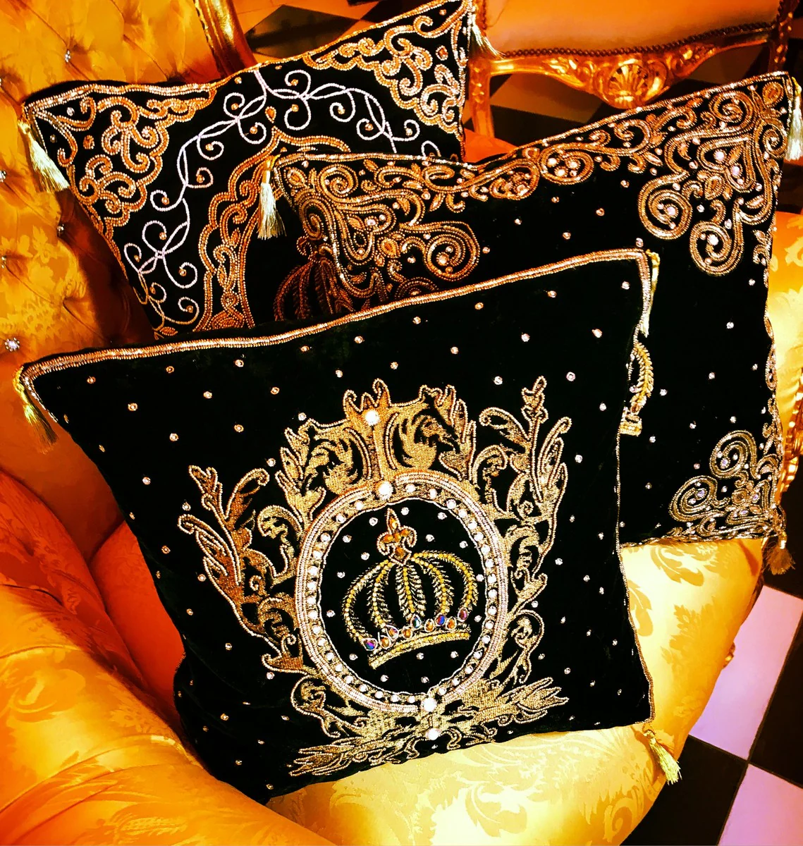 Harald Glööckler luxury baroque decorative cushion Pompöös by black / gold crown elaborately decorated with sequins and rhinestones