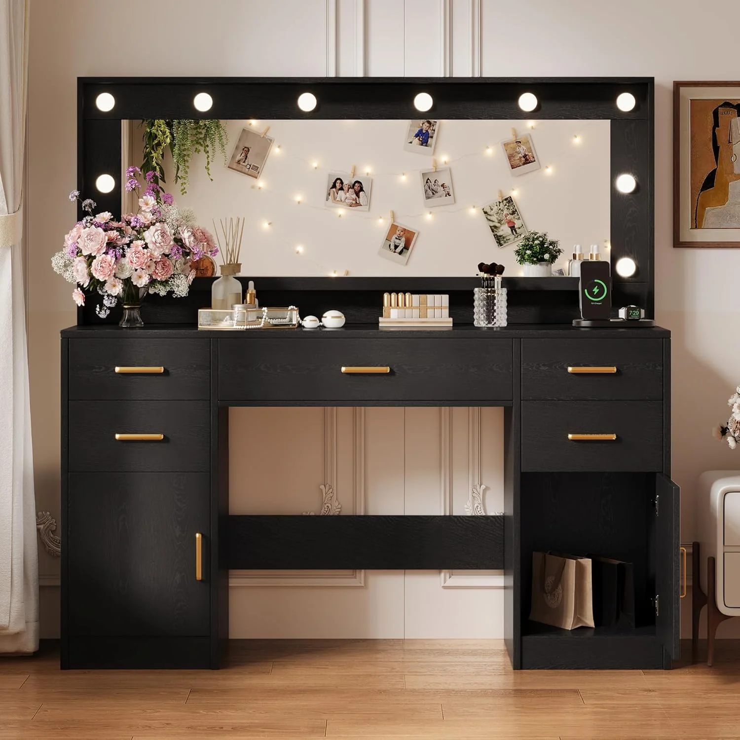 Black Vanity Desk with Mirror, Lights & Charging Station, 58.3" 3 Lighting Modes
