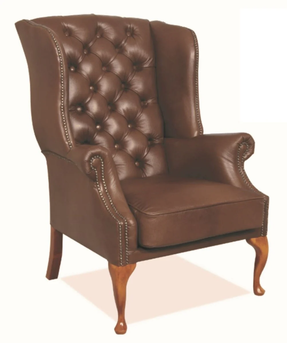 Chesterfield genuine leather wing chair brown 80 x 80 x H. 110 cm - luxury armchair