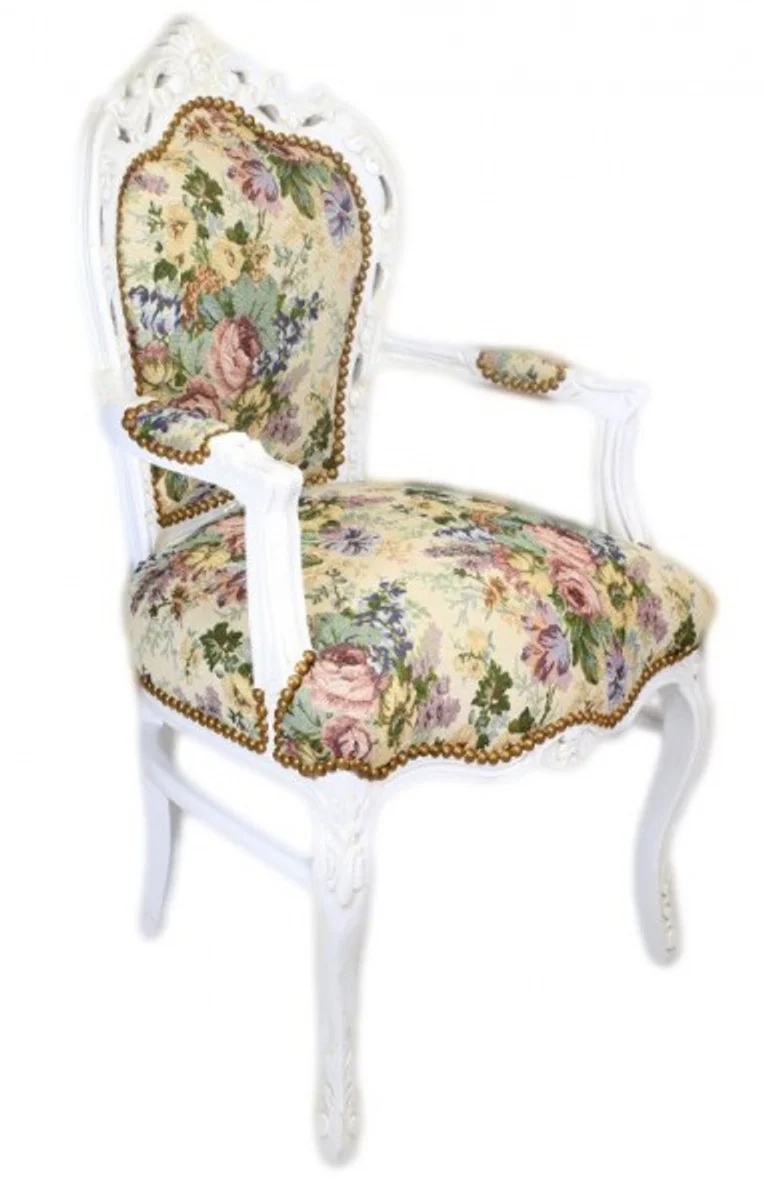 Baroque dining room chair with armrests floral pattern / antique white