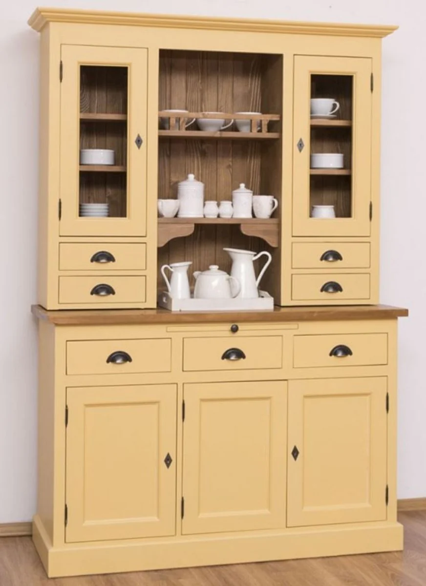 Country house style kitchen cabinet yellow / brown 137 x 50 x H. 197 cm - 2-part kitchen cabinet with 5 doors and 7 drawers - country house style kitchen furniture