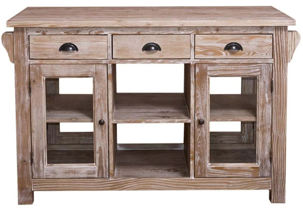 Country house style kitchen island natural colors 135 x 65 x H. 90 cm - country house style kitchen cabinet with 4 glass doors and 6 drawers
