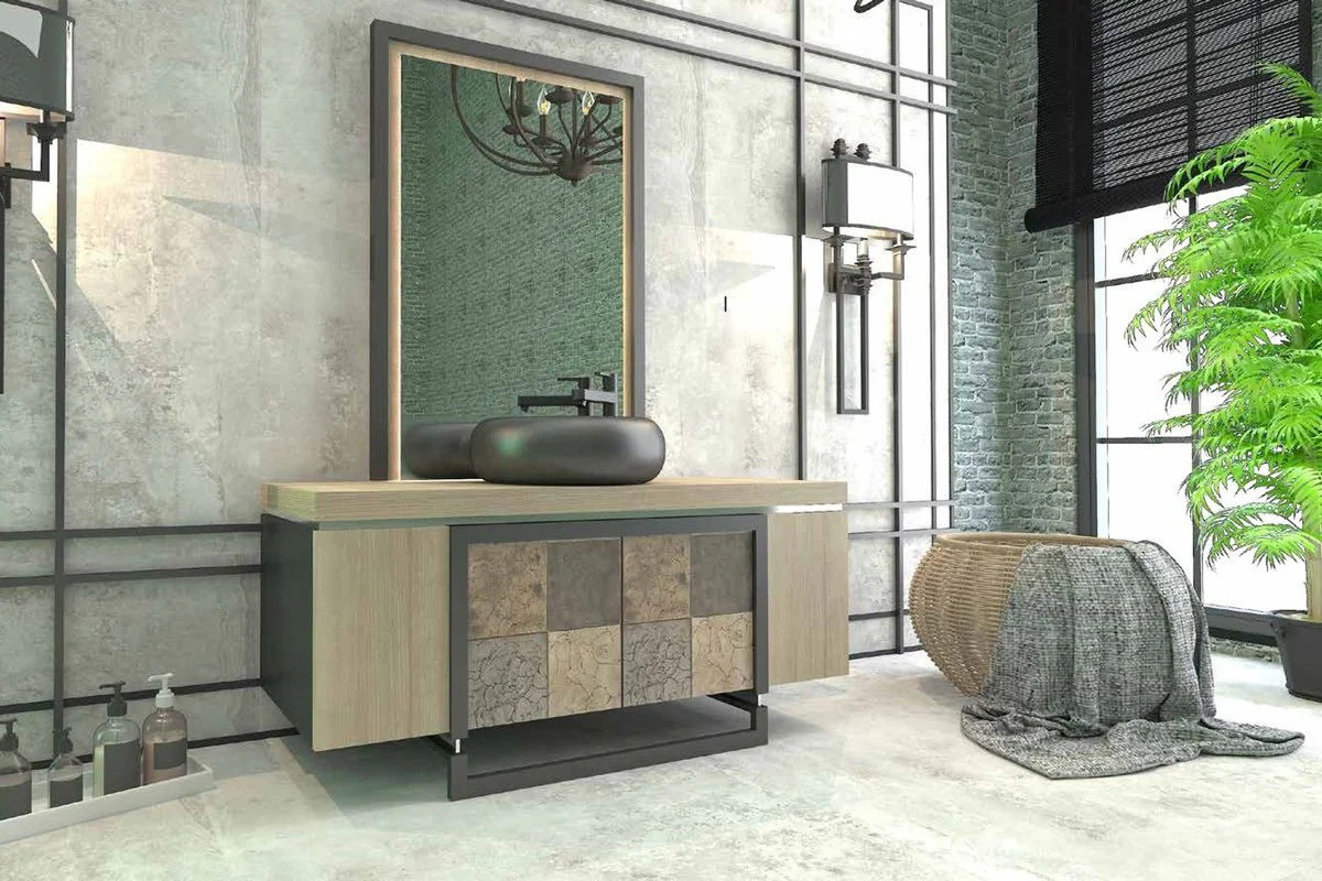 Luxury bathroom set natural color / multicolor / black - 1 washbasin with 4 doors and 1 sink and 1 wall mirror - luxury quality