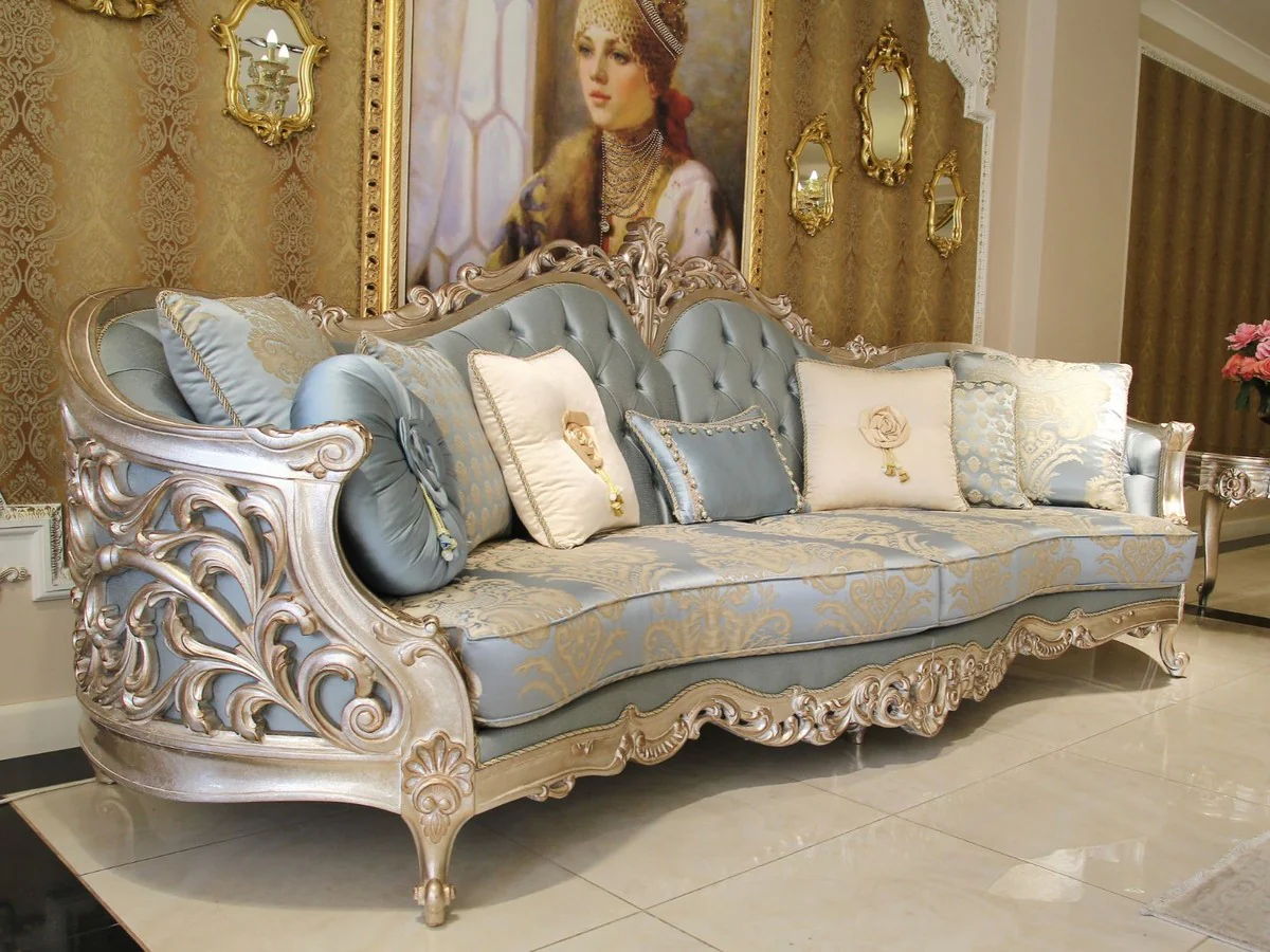 Luxury baroque living room sofa light blue / beige / silver 295 x 95 x H. 115 cm - Magnificent sofa in baroque style - Noble baroque living room furniture