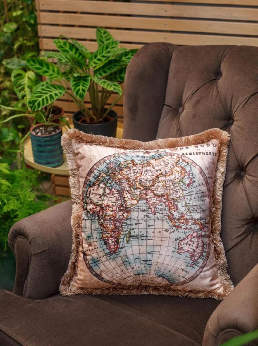 Luxury decorative cushion world globe beige / multicolored 45 x 45 cm - printed velvet cushion with fringes - luxury collection