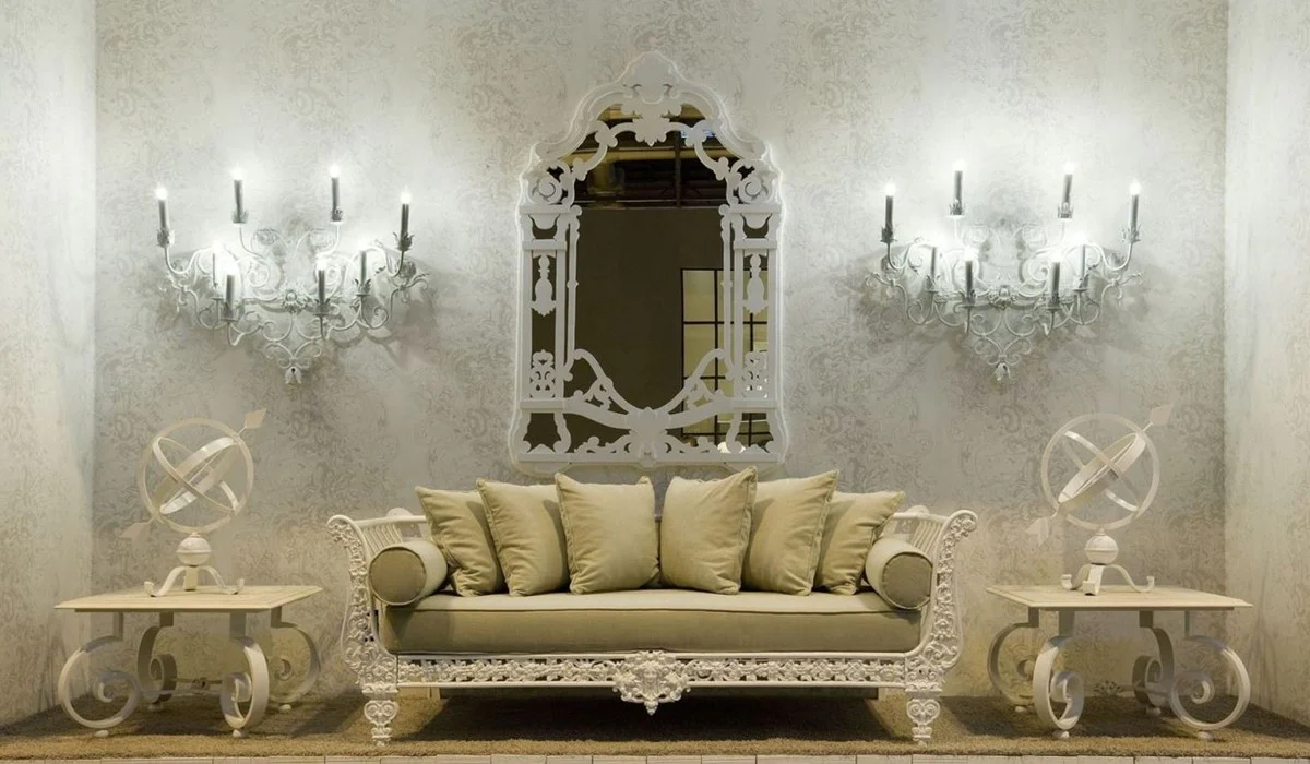 Luxury baroque sofa white / light green 212 x 87 x H. 77 cm - hand-forged wrought iron sofa with cushions - living room sofa - garden sofa - patio sofa - baroque furniture
