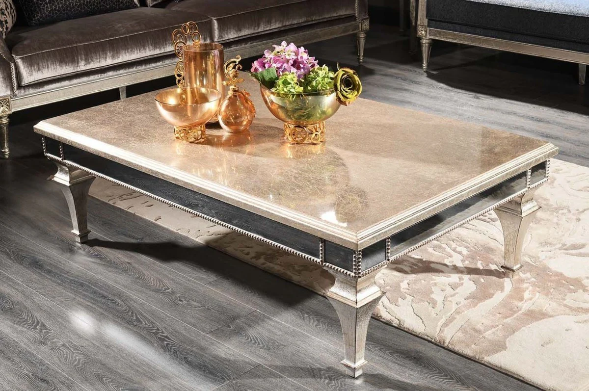 Luxury baroque coffee table antique silver 140 x 90 x H. 45 cm - noble solid wood living room table with mirror glass - luxury quality