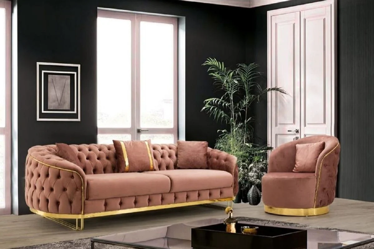 Luxury Chesterfield armchair pink / gold 90 x 95 x H. 75 cm - Modern living room armchair - Chesterfield living room furniture