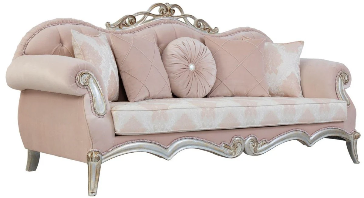 Luxury baroque living room set pink / silver / gold - 2 sofas with cushions & 2 armchairs & 1 coffee table - living room furniture in baroque style - noble baroque furniture