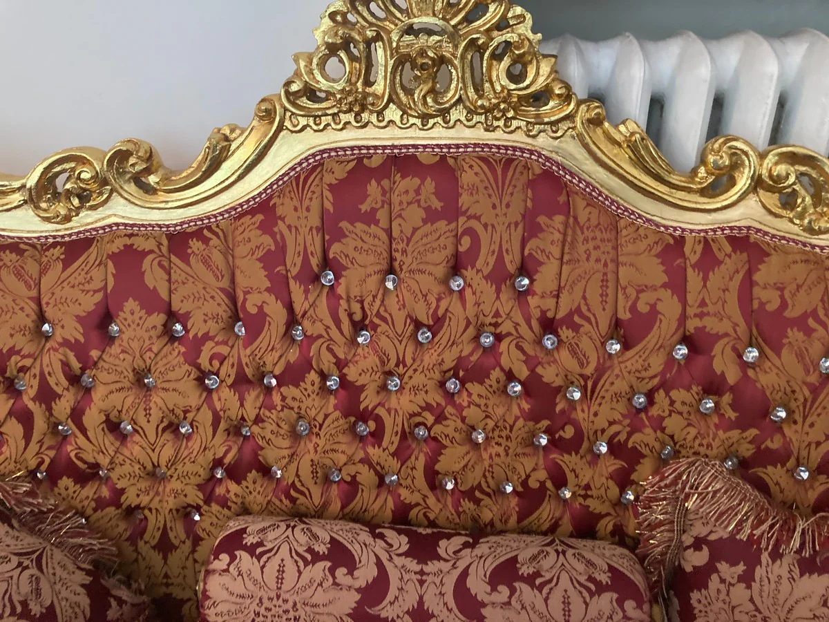 Baroque 2 seater sofa Bordeaux pattern / gold with bling bling rhinestones and cushions - antique style living room furniture