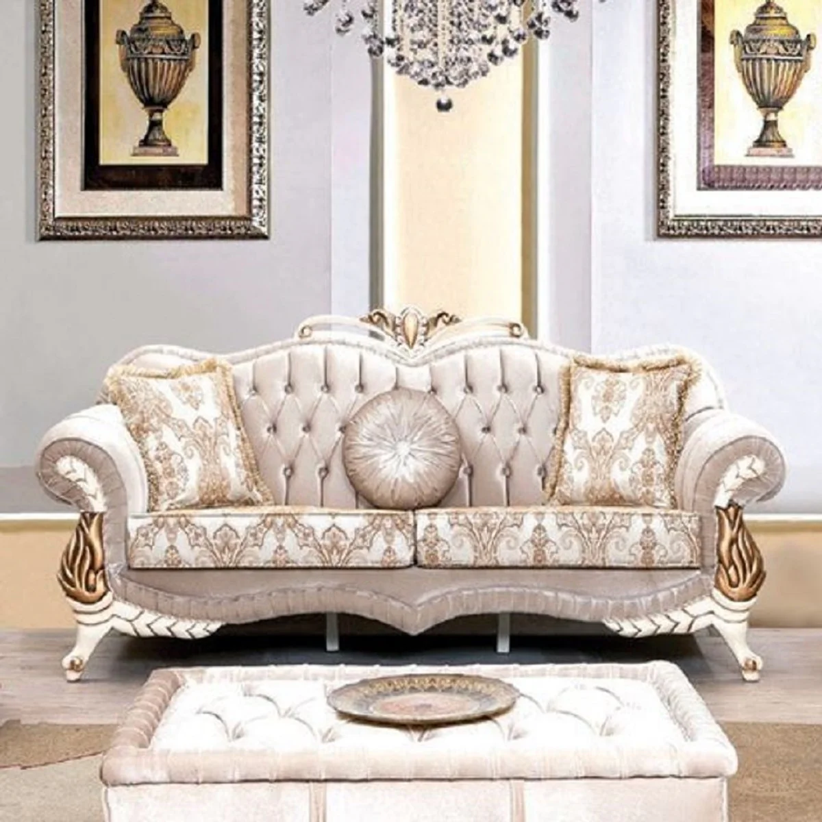 Luxury Baroque Living Room Set Pink / White / Gold - 2 Sofas with Pattern & 2 Armchairs with Pattern & 1 Coffee Table - Magnificent Baroque Living Room Furniture