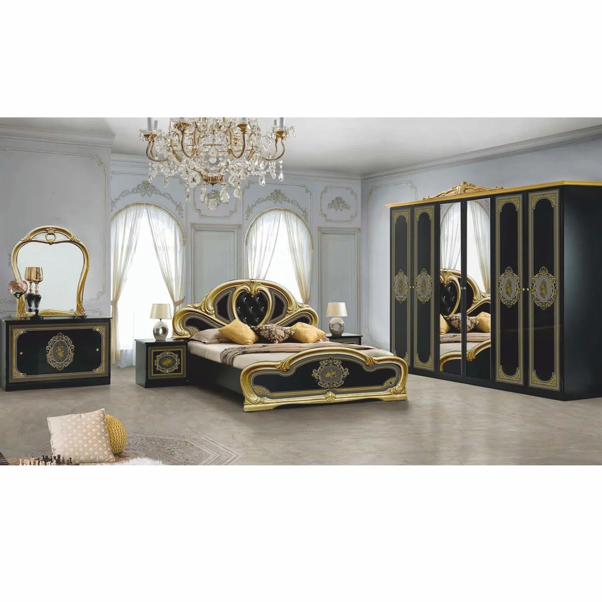 Luxury baroque double bed with rhinestones black / gray / gold - bedroom furniture