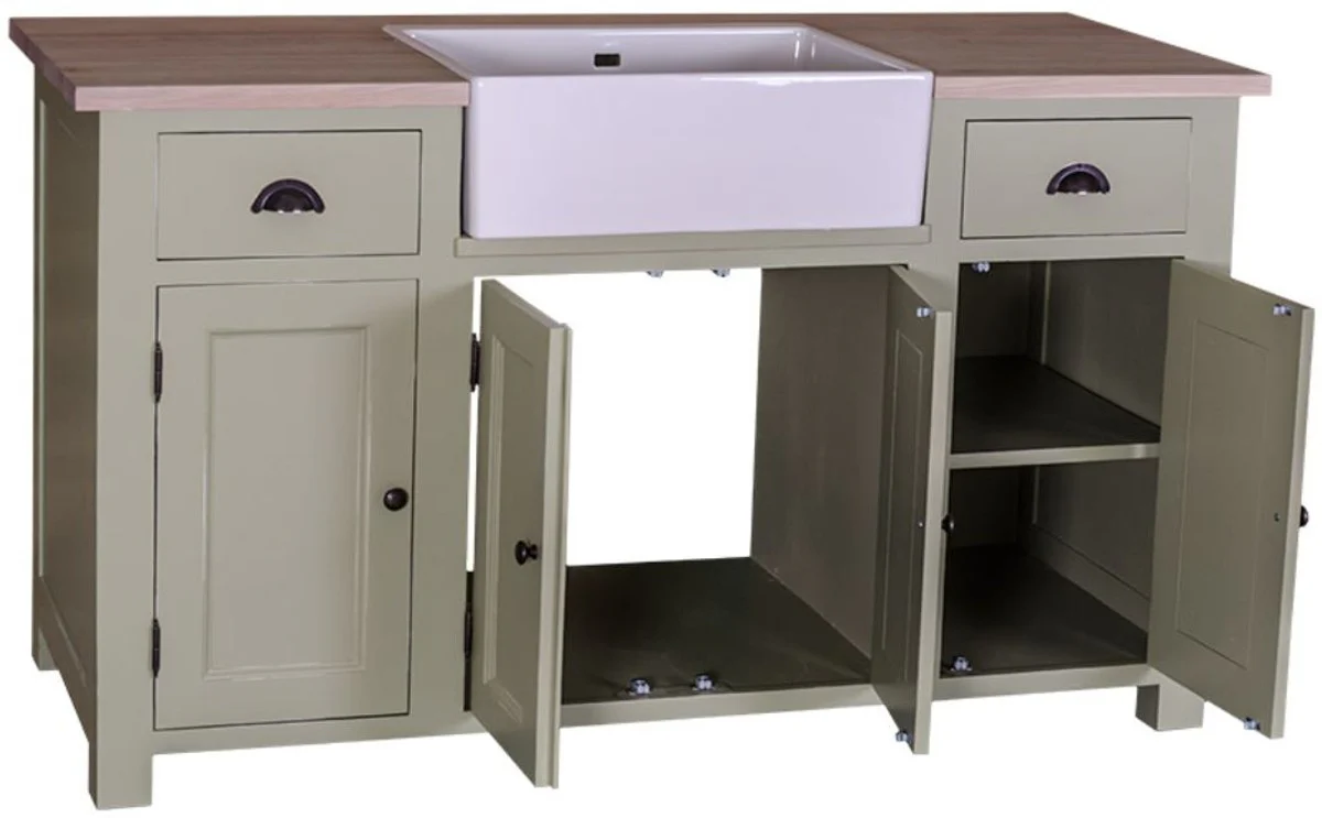 Country house style washbasin cabinet light green / natural color 155 x 65 x H. 90 cm - washbasin with 4 doors and 2 drawers