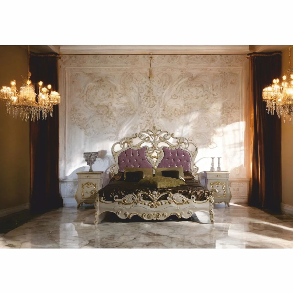 Luxury baroque double bed with 2 nightstands cream / gold / purple - Made in Italy