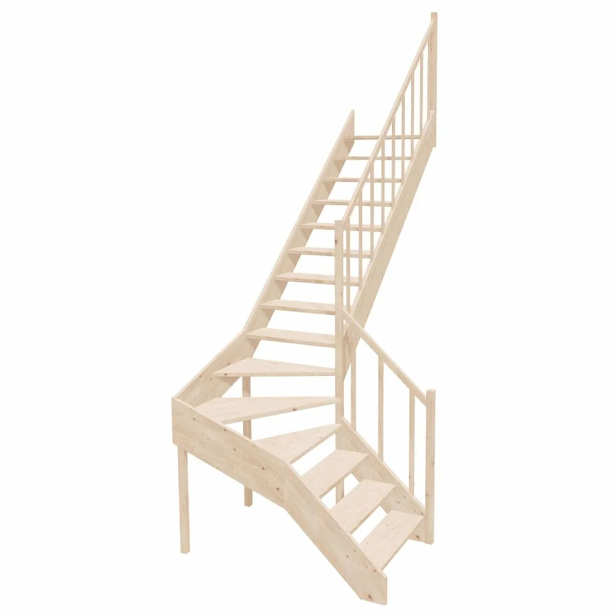Luxury corner wooden staircase with railing right side natural color H. 304 cm