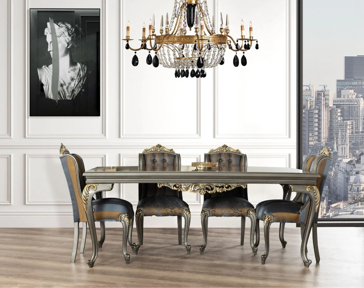 Luxury Baroque Dining Room Set Blue / Gray / Gold - 1 Dining Room Table & 6 Dining Chairs - Noble Baroque Dining Room Furniture - Noble & Magnificent