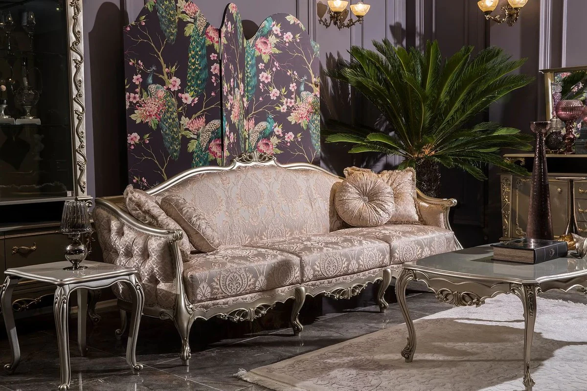 Luxury baroque living room sofa pink / silver 245 x 83 x H. 104 cm - solid wood sofa with elegant pattern and decorative pillows - living room furniture in baroque style