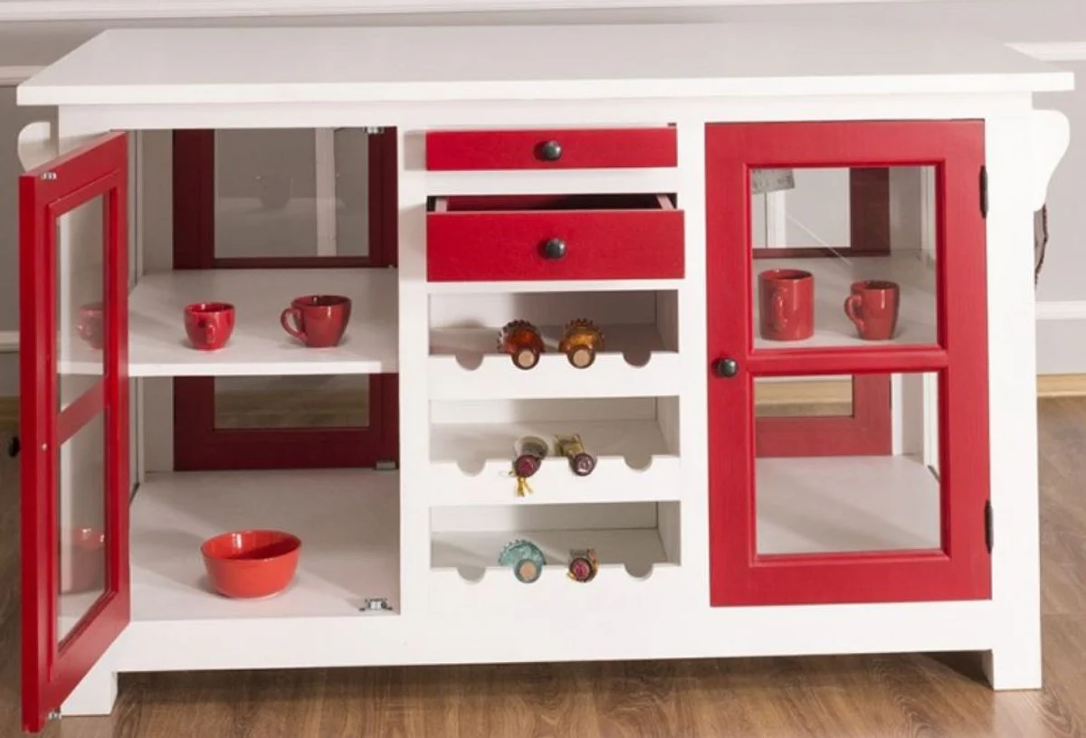 Country house style kitchen island white / red 150 x 90 x H. 90 cm - solid wood kitchen cabinet with 4 glass doors and 4 drawers - country house style kitchen furniture